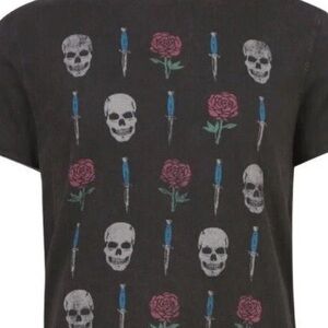 Black Graphic Tee with Skulls and Roses